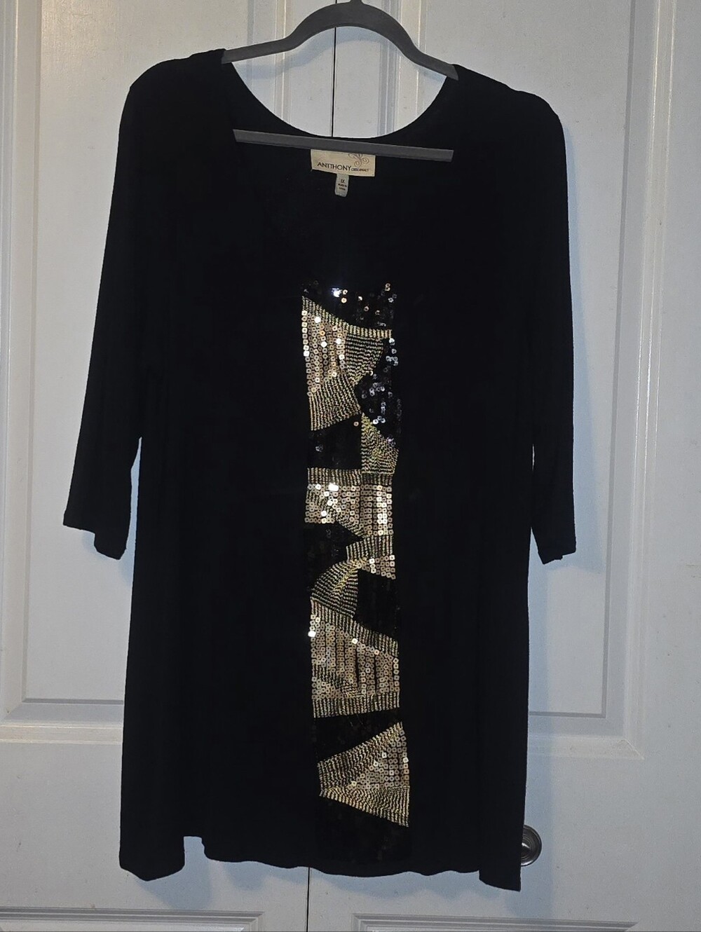 Antthony Originals 1X Black Sequined Top 3/4 Sleeve Tunic Black With Sequins